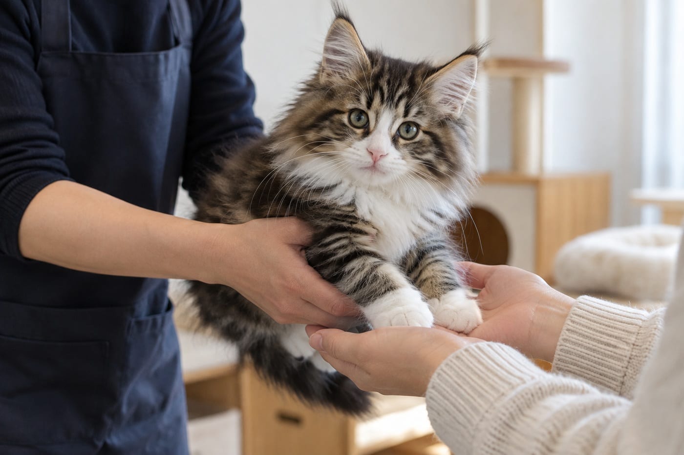 スタッフの手から、迎える人の手へ渡されるノルウェージャンフォレストキャットの子猫