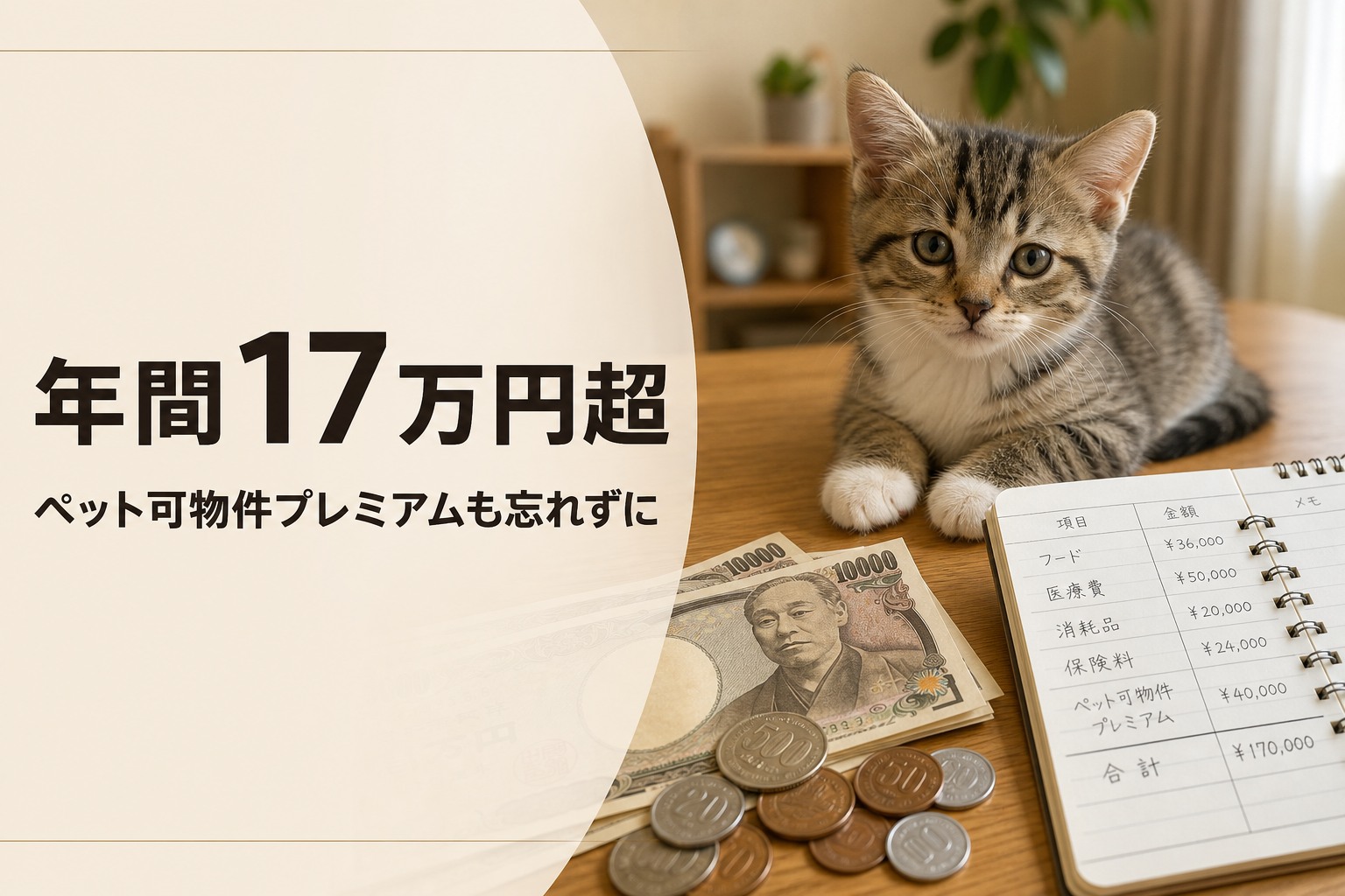 年間17万円超の費用を示す家計簿と子猫