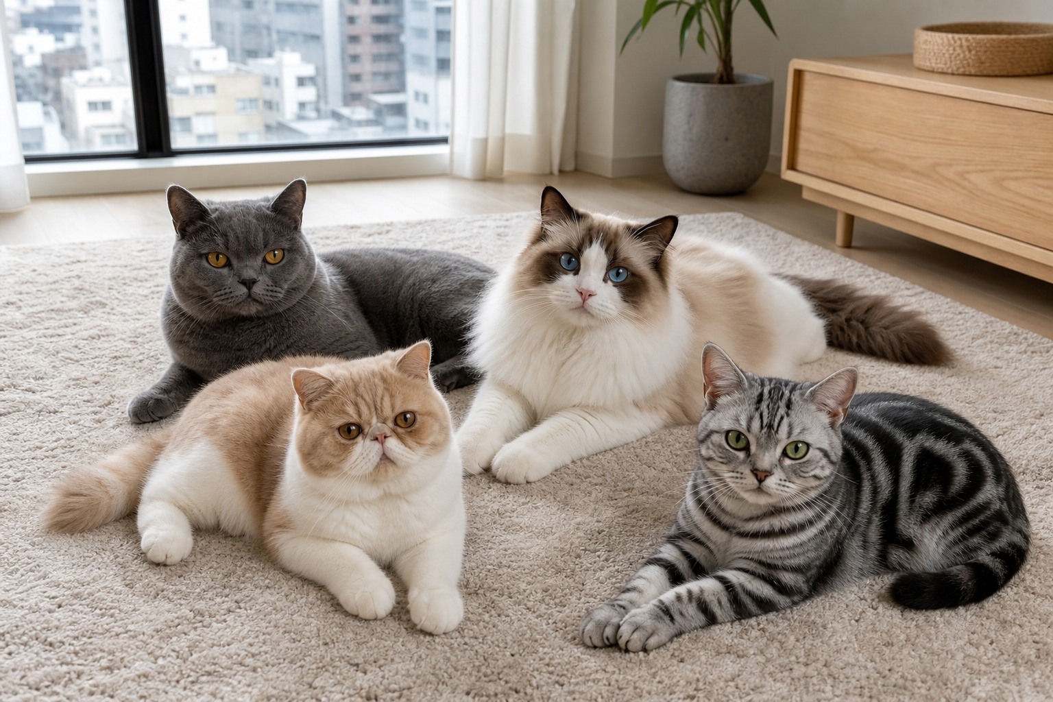マンション向け4品種の猫が並ぶ俯瞰写真