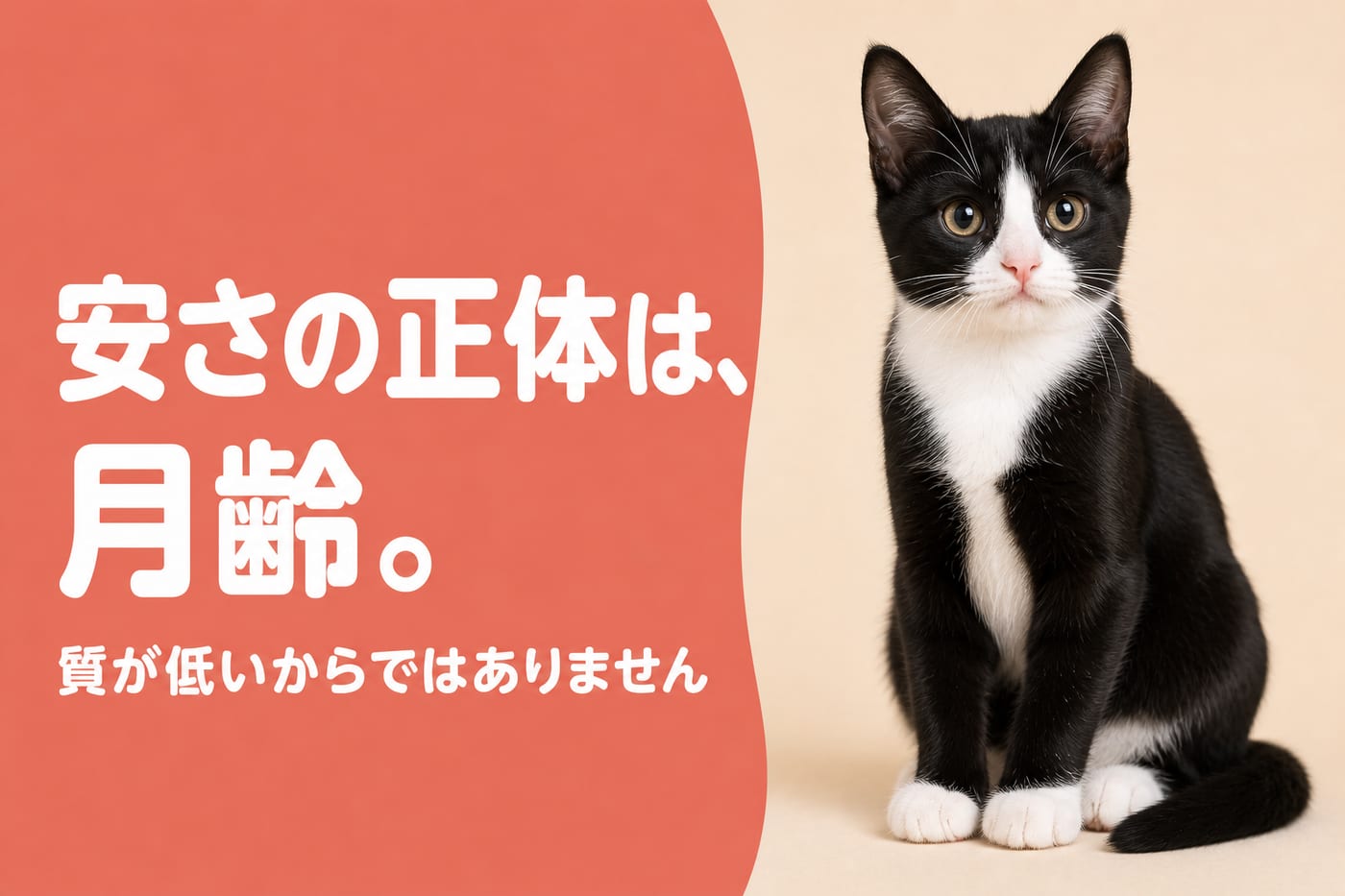 安さの正体は月齢と伝えるサーモン帯バナーと成長期のハチワレ柄の若い猫