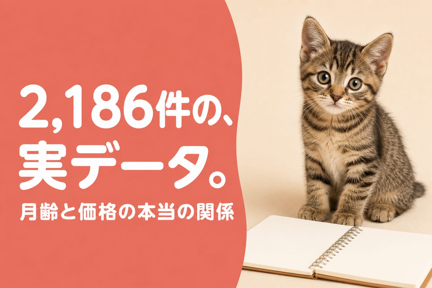 2186件の実データと伝えるサーモン帯バナーとノートの横に座るキジトラの子猫