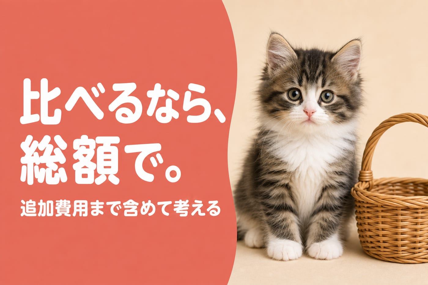 比べるなら総額でと伝えるサーモン帯バナーとかごの横に座る長毛キジ白の子猫