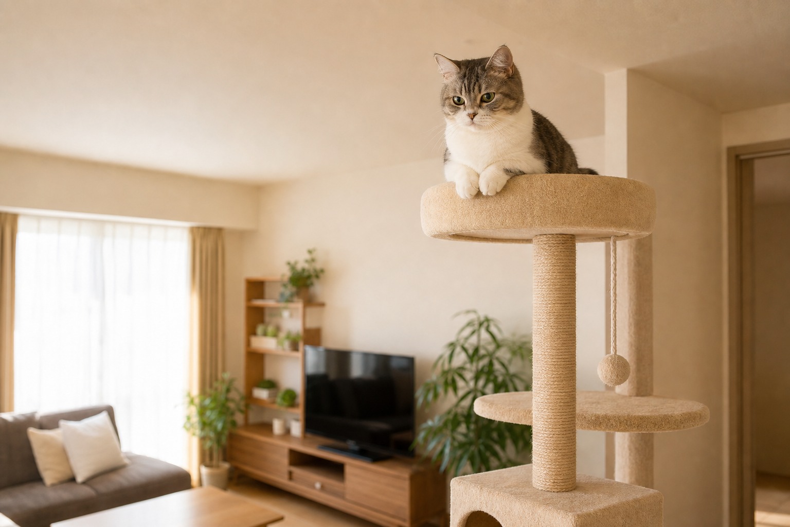 高い場所から室内を見渡す猫の姿