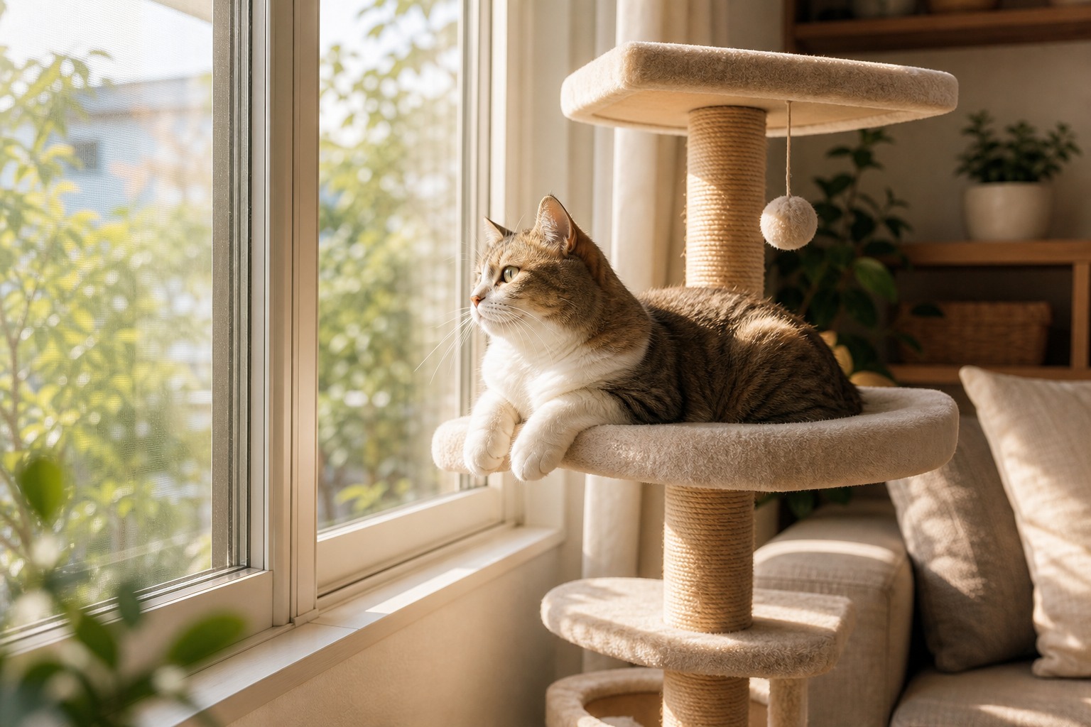 窓際のキャットタワーでくつろぐ猫