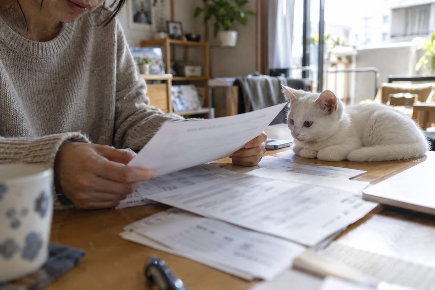 賃貸マンションのリビングで、ダイニングテーブルに広げた書類に目を通す飼い主の手元と、そばで丸くなる白い子猫
