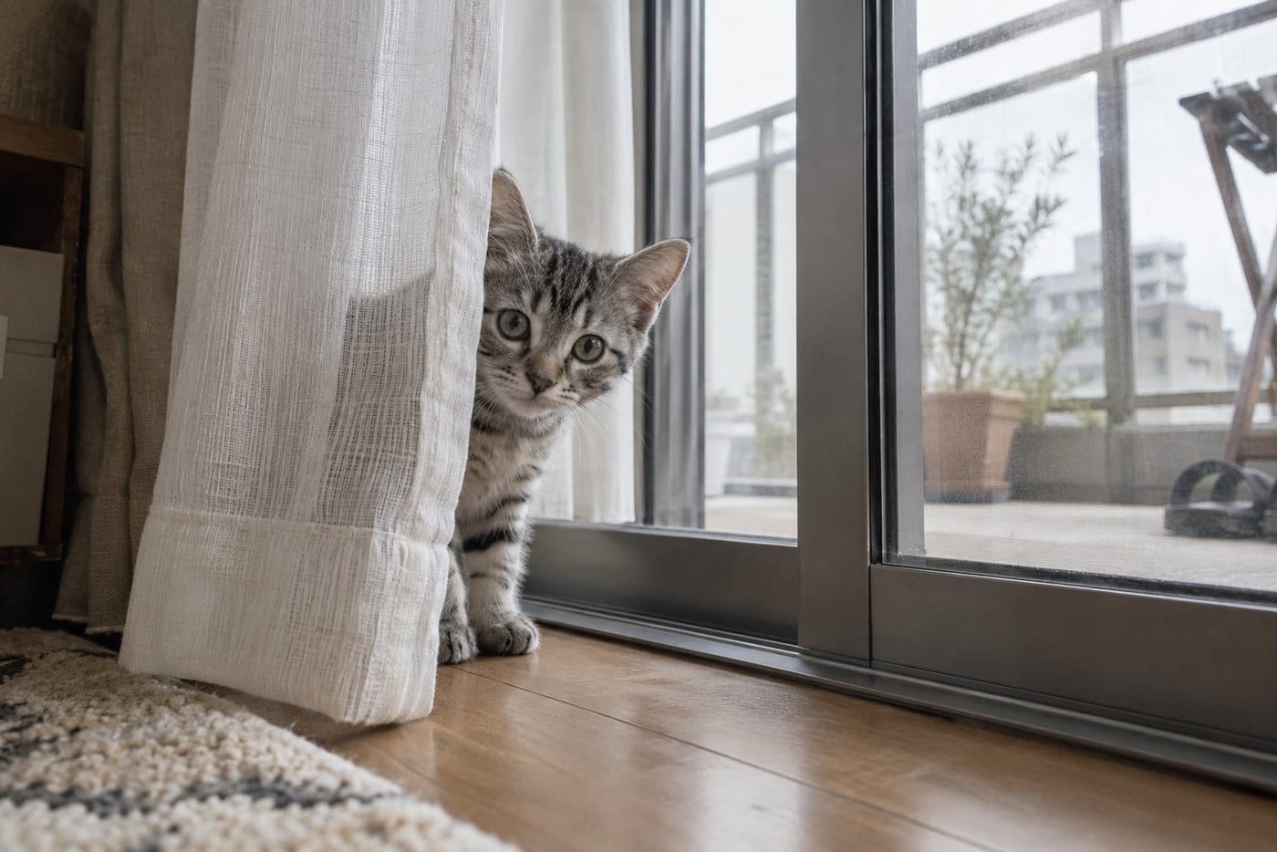 ベランダに面した掃き出し窓の内側で、カーテンの陰から外をのぞくサバトラの子猫