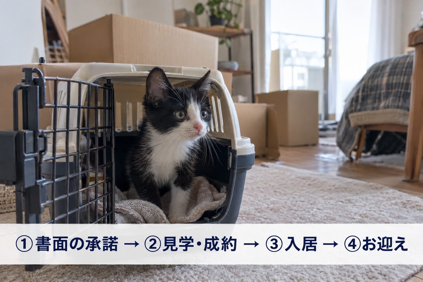 引っ越し後の段ボールが残る部屋で、キャリーケースから顔を出す白黒の子猫。画面の下に「①書面の承諾 → ②見学・成約 → ③入居 → ④お迎え」と書かれている