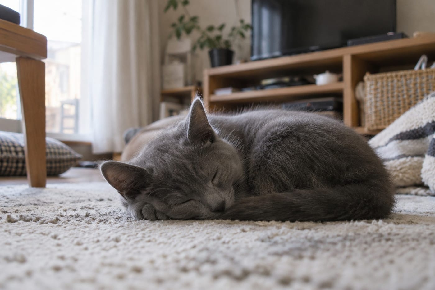 集合住宅のリビングで、静かに丸くなって眠る灰色の子猫
