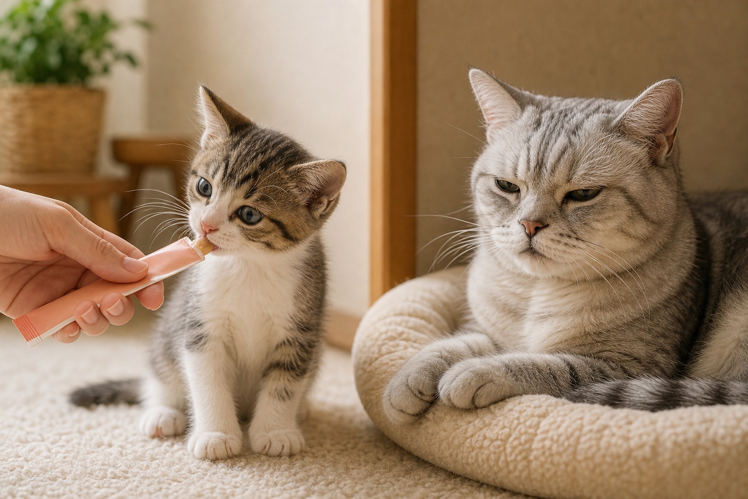子猫とシニア猫が並んで月齢別におやつを楽しむ様子