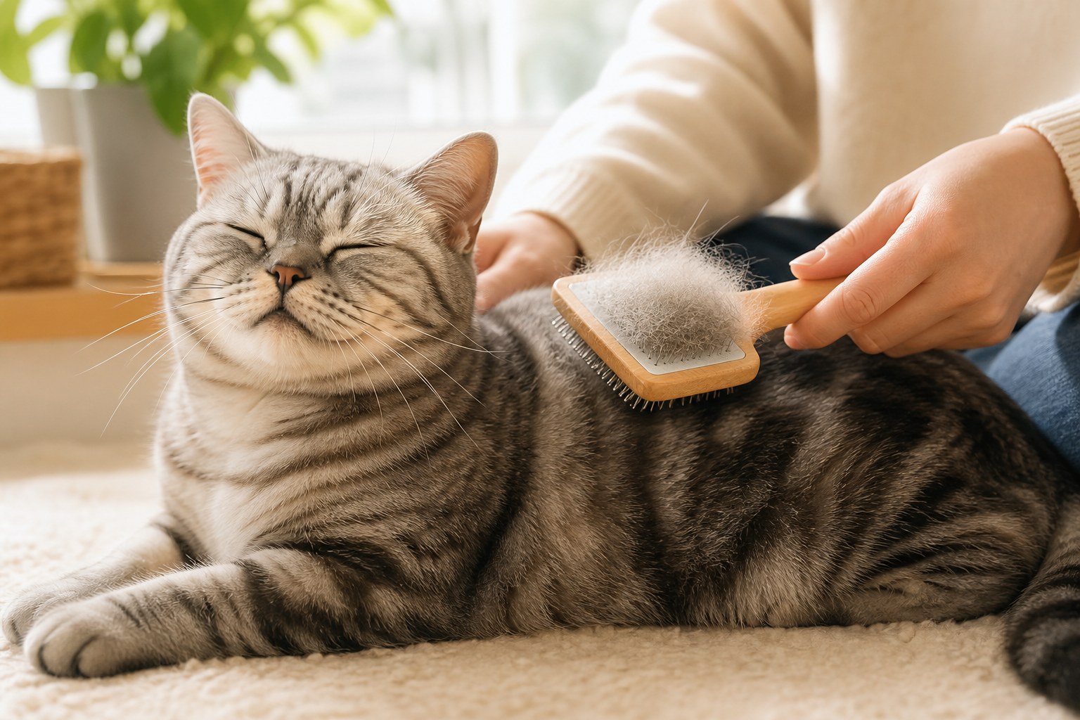 換毛期に健康な猫をブラッシングする様子