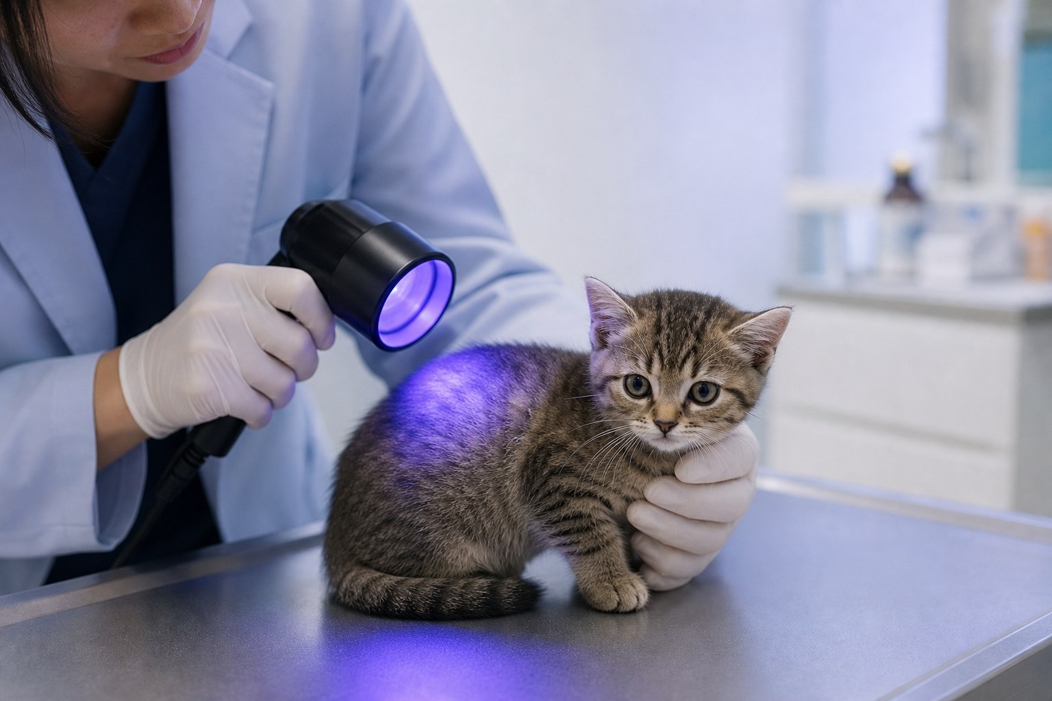 ウッド灯で子猫の皮膚をスクリーニング