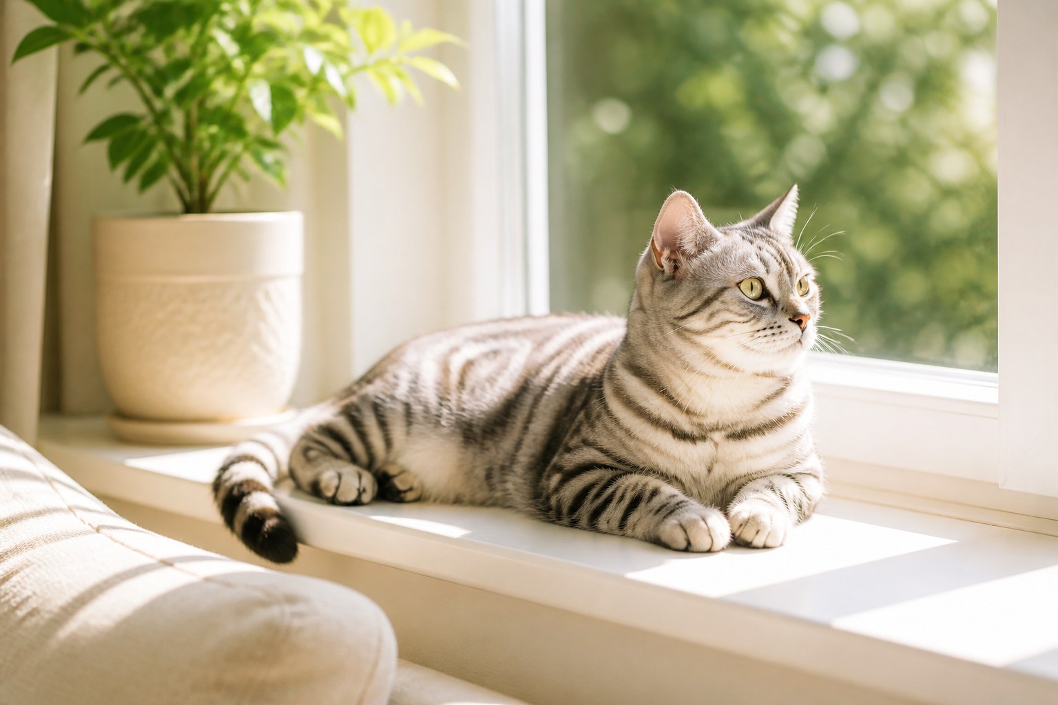 窓辺で寛ぐ健康的な体型の猫