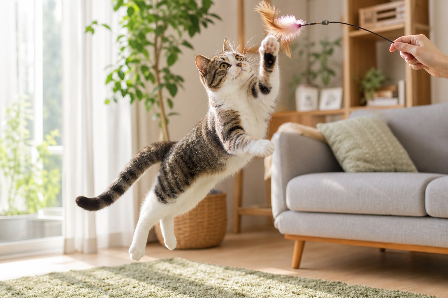 猫じゃらしで遊び跳ねる活発な猫