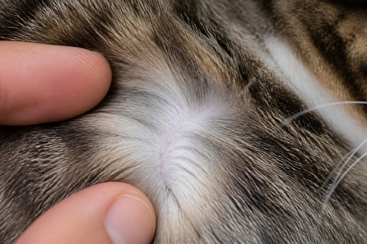 猫の被毛と皮膚の状態を確認する（フケの量と状態で判断）