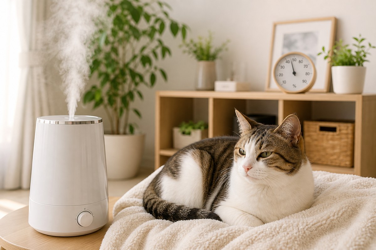 室内湿度管理で猫の皮膚乾燥・フケを防ぐ（加湿器と湿度計）