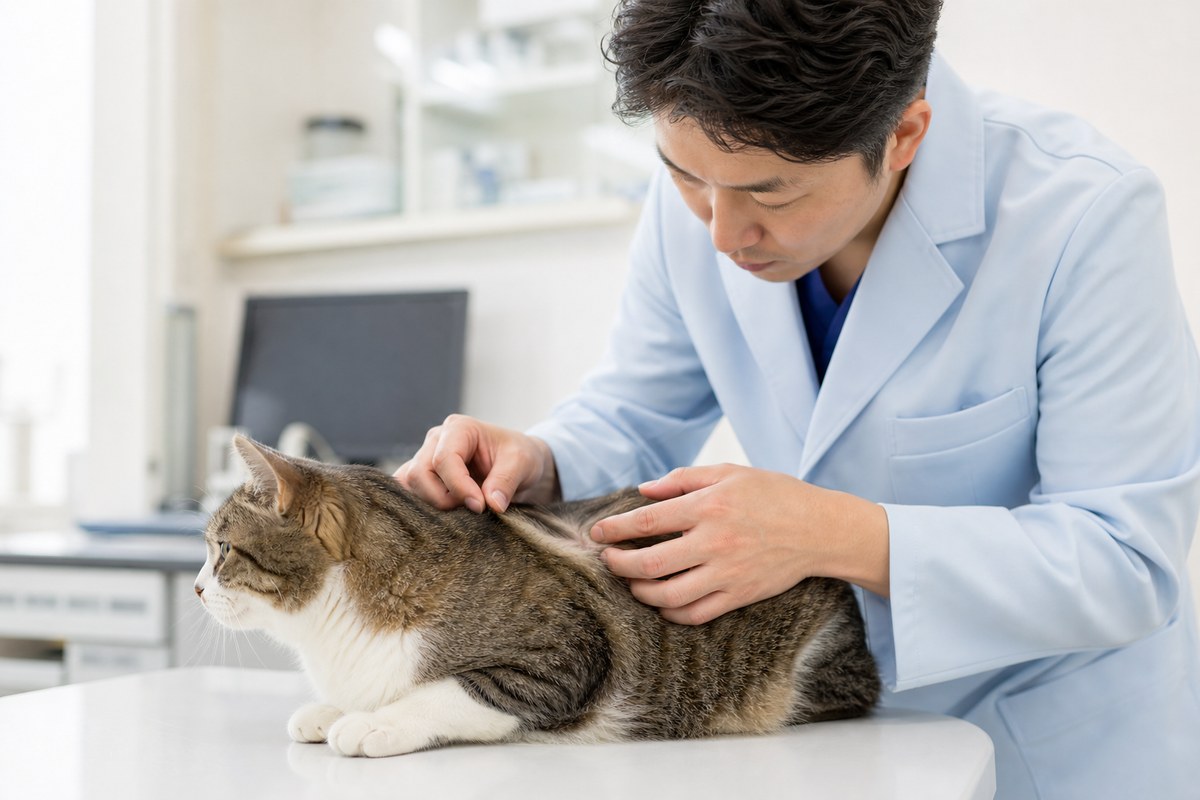 動物病院で猫の皮膚を診察する様子（皮膚病の早期診断）