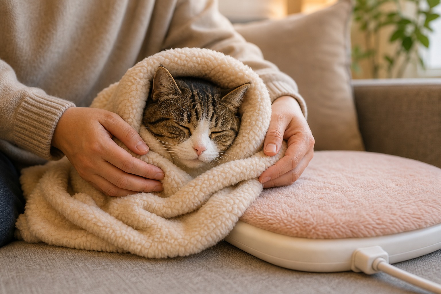 毛布に包まれて暖まる猫の様子