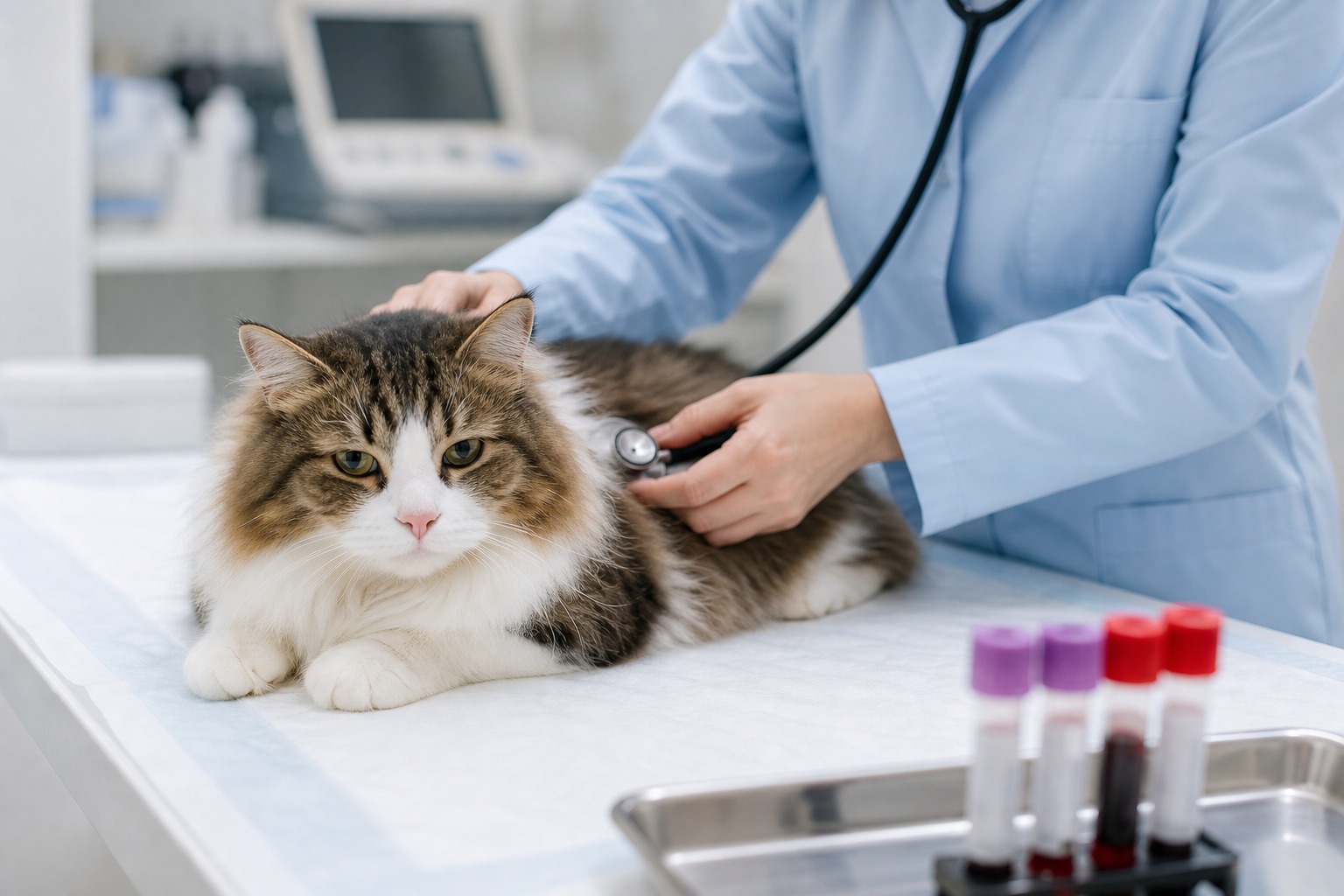 動物病院で診察を受ける落ち着いた猫