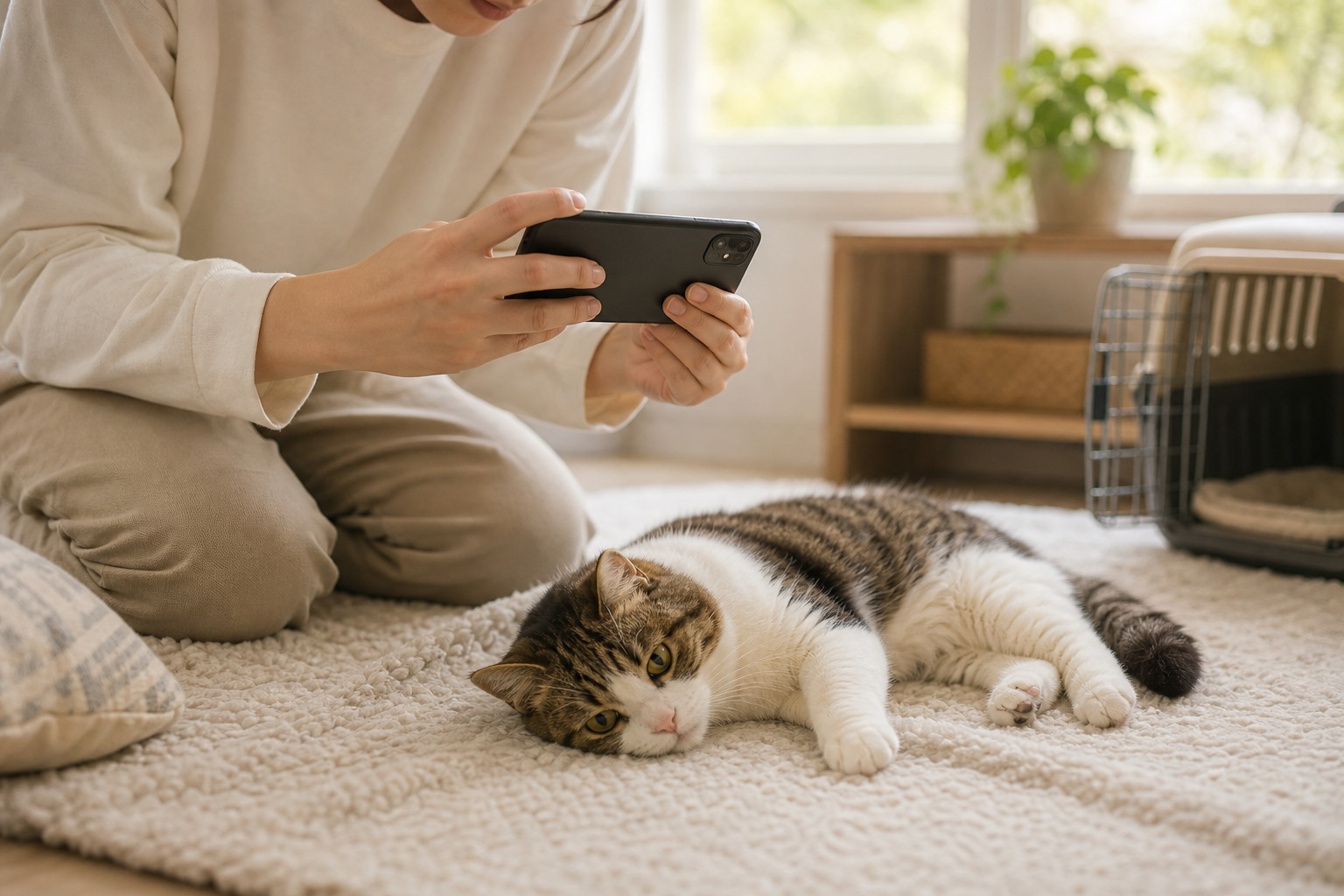 猫の様子をスマホで記録する飼い主の手元