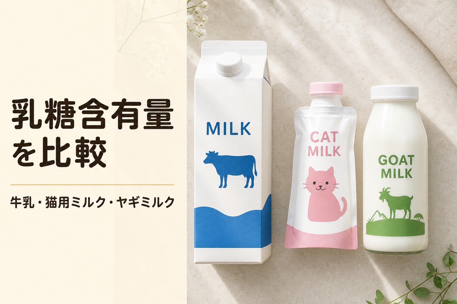 牛乳・猫用ミルク・ヤギミルクの成分比較