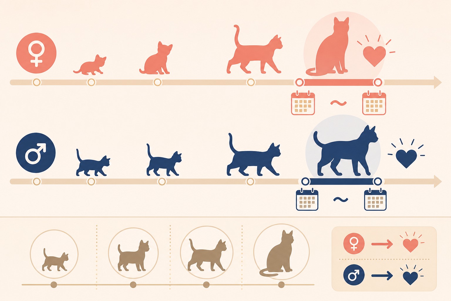 猫の発情期の月齢別タイミング｜メスは生後6〜10ヶ月・オスは7〜12ヶ月で始まる