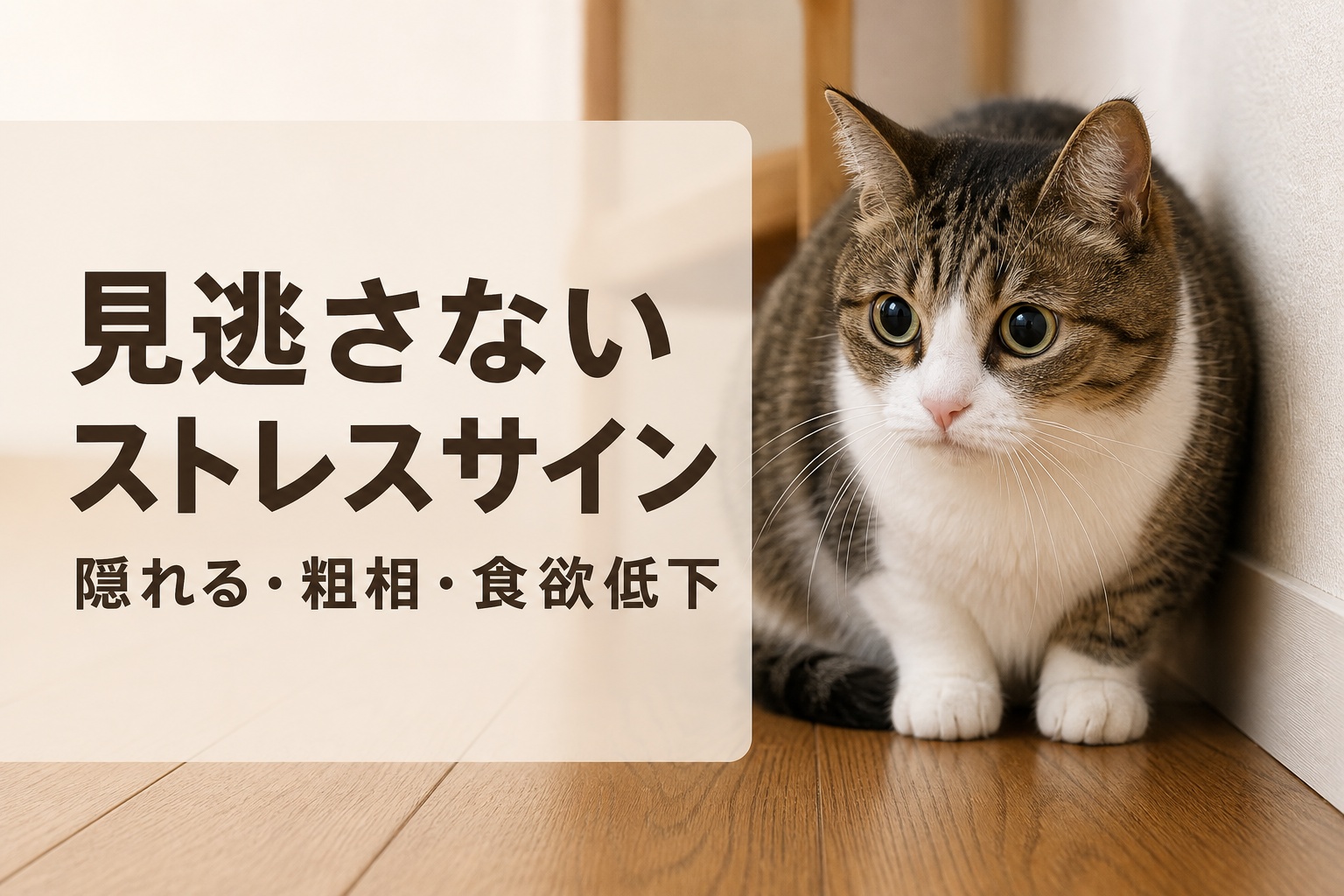 ストレスサインを示す猫と日本語コピー入りのバナー画像