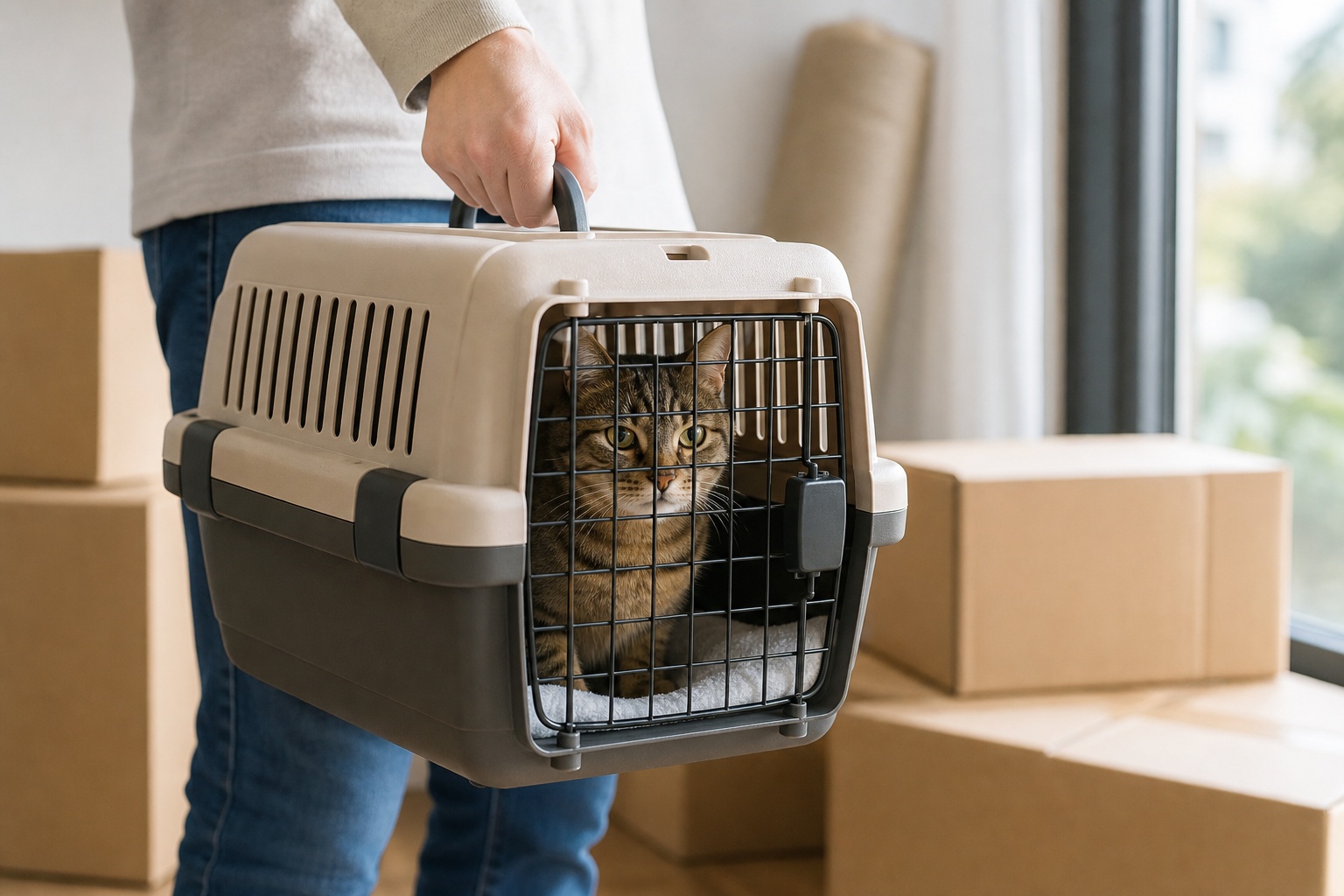 安全なペットキャリーの中で落ち着いて座る猫の移動シーン写真