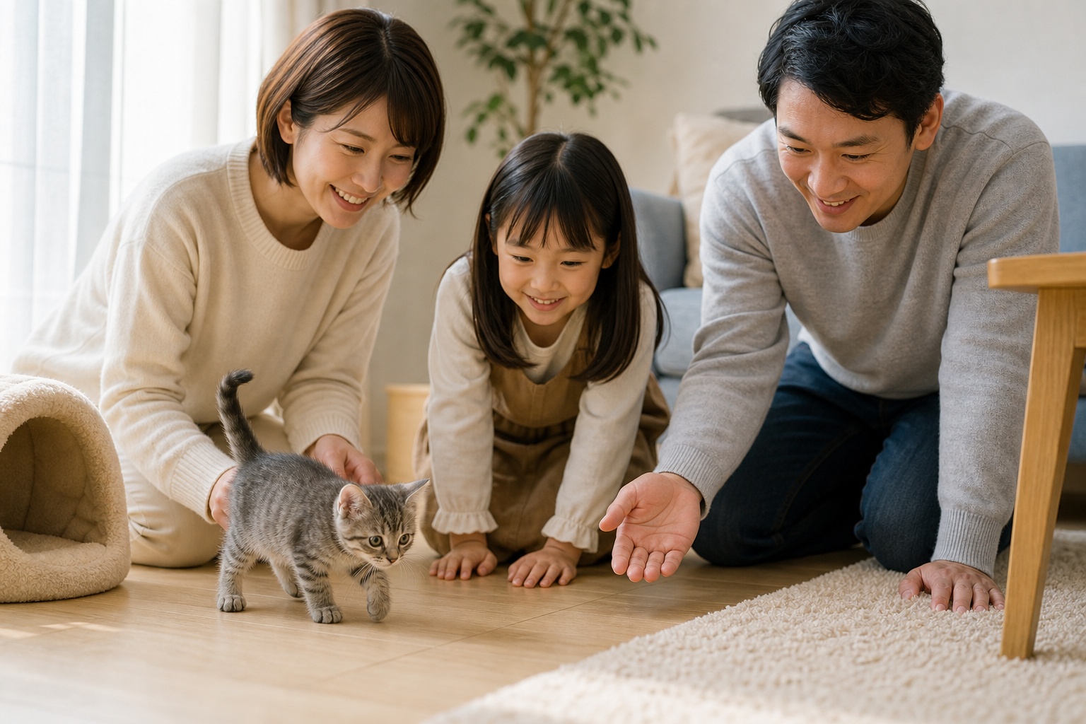 新しい家族に迎えられた子猫が穏やかに探索する初日のシーン写真