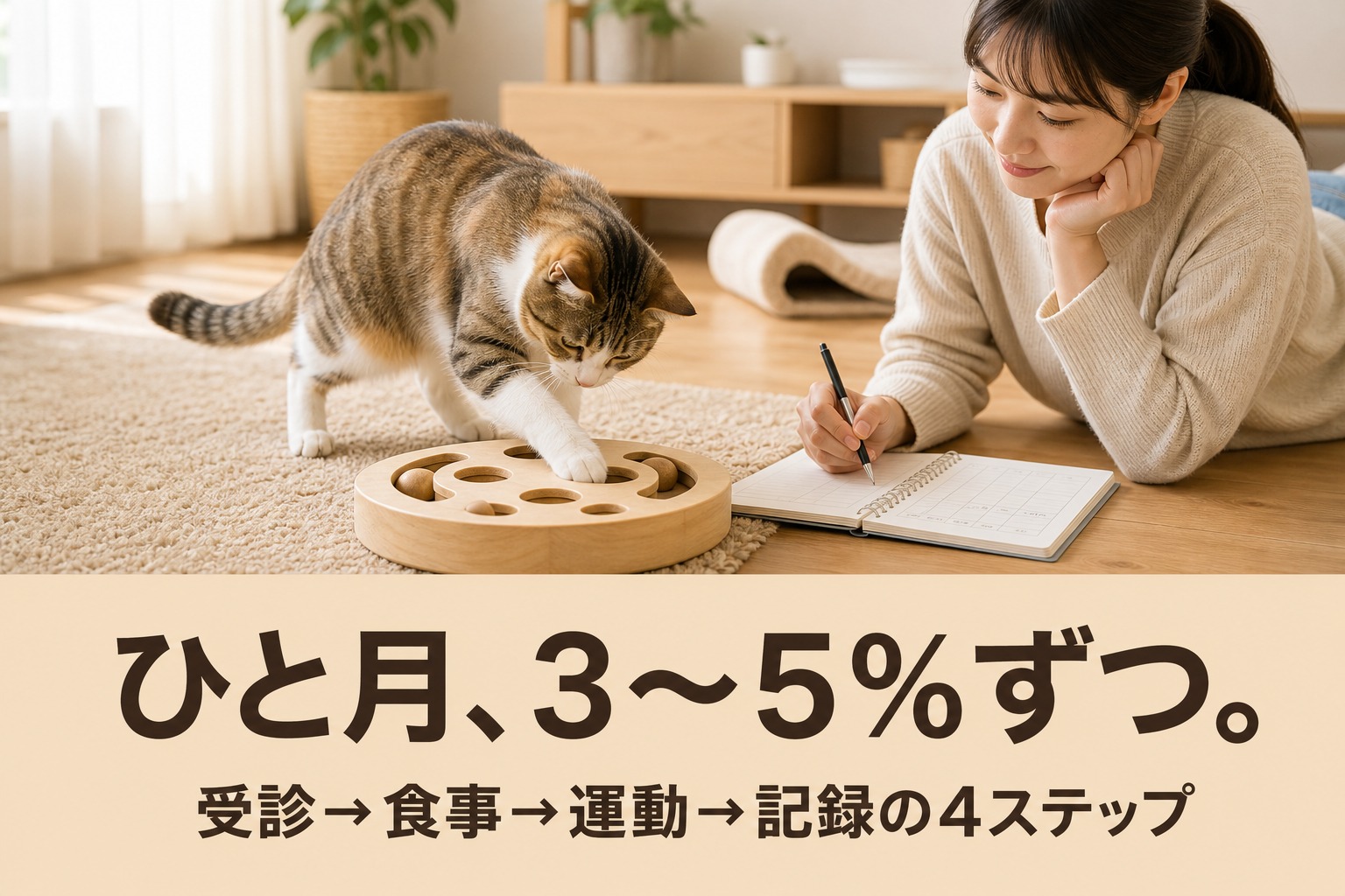 猫の減量プログラム4ステップ｜ひと月3〜5％ずつ受診・食事・運動・記録で進める