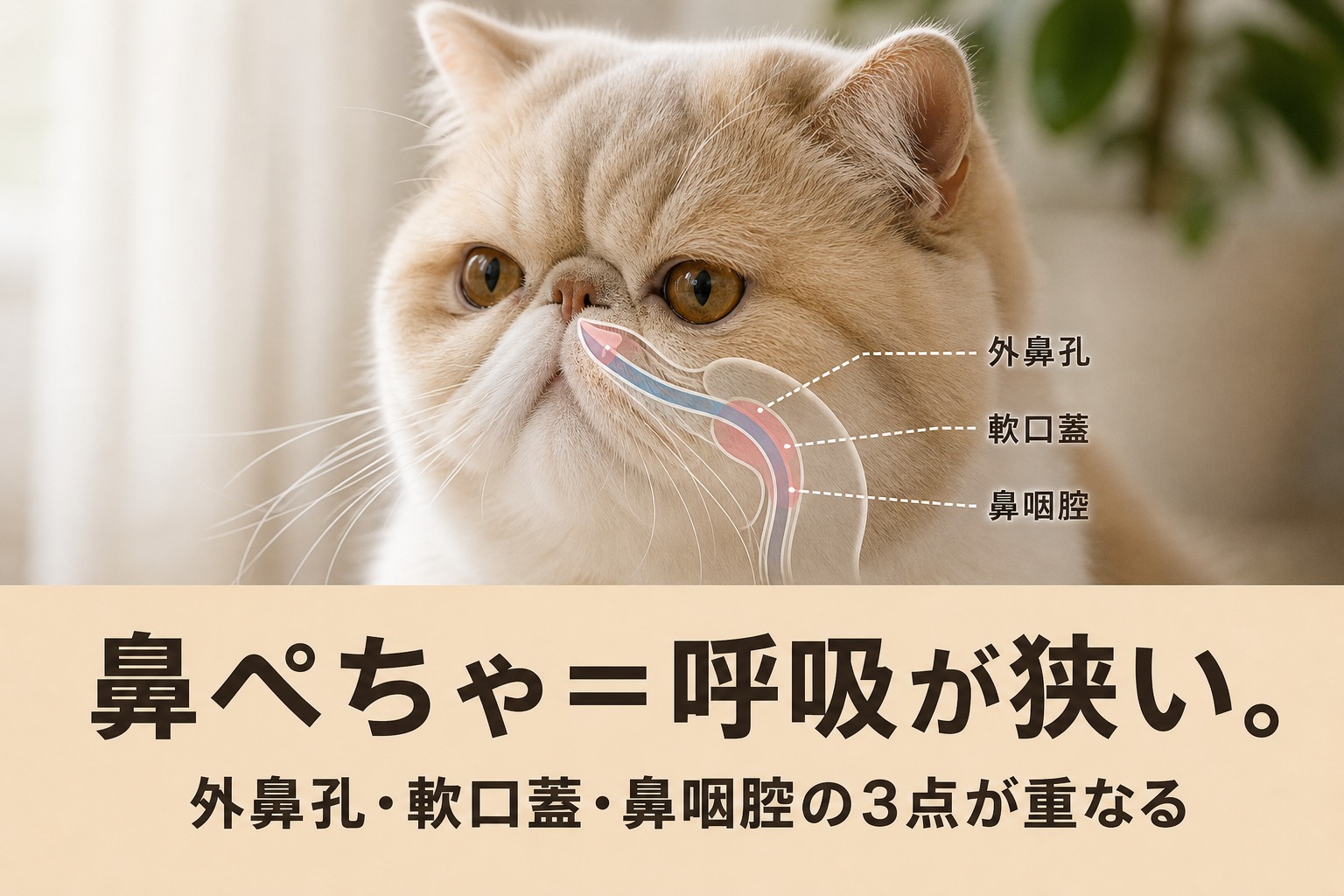 短頭種のいびきとBOAS｜外鼻孔・軟口蓋・鼻咽腔の3点が重なり気道が狭くなる