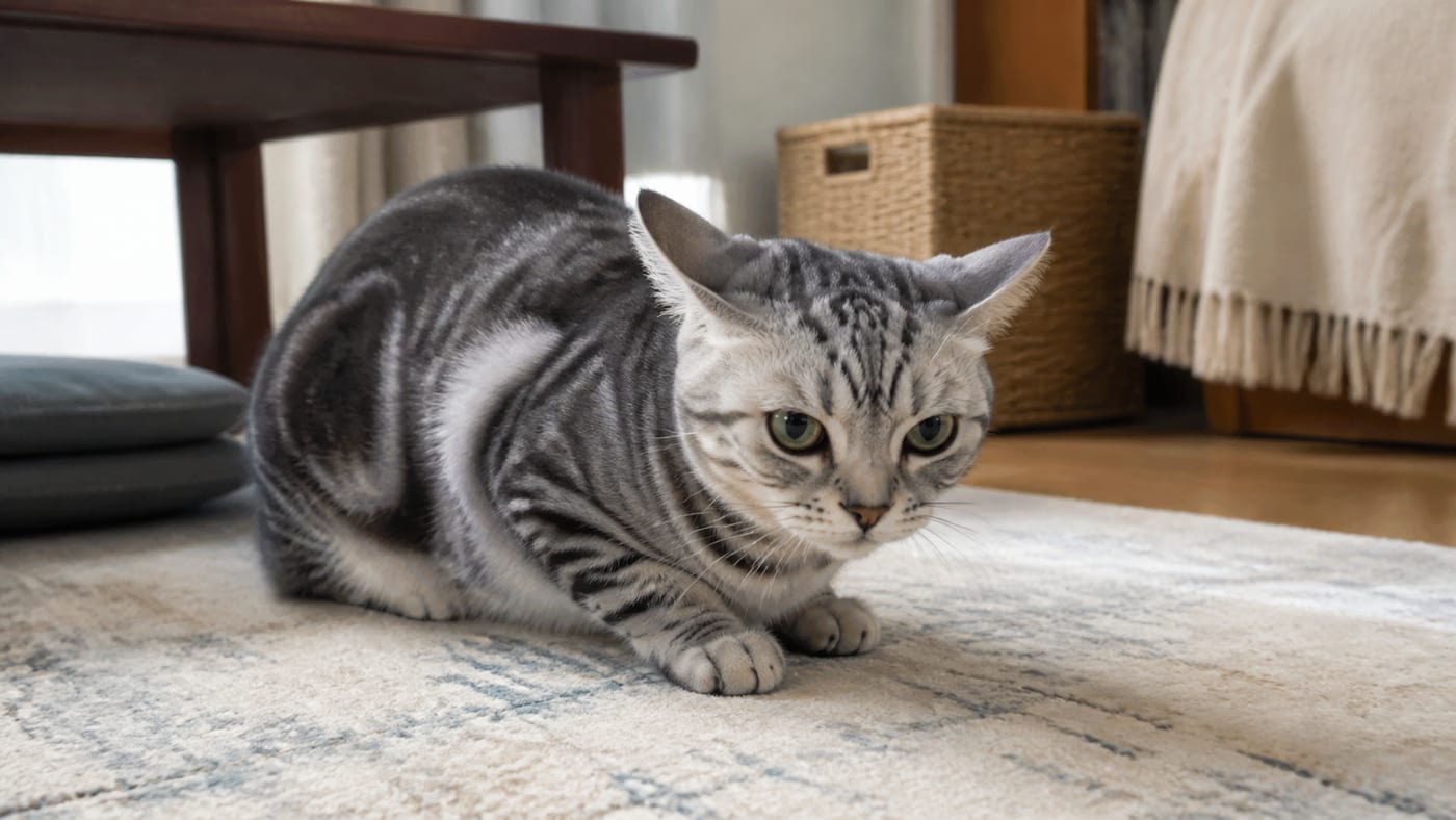 耳を横に倒し、体を低くして床に伏せている猫