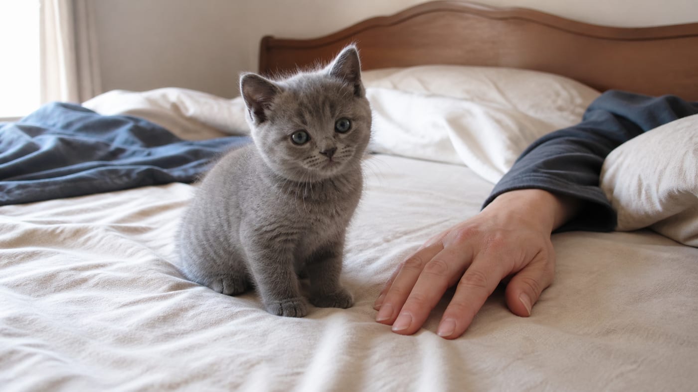 ベッドの上で飼い主の手のそばに座っている、まだ小さな子猫