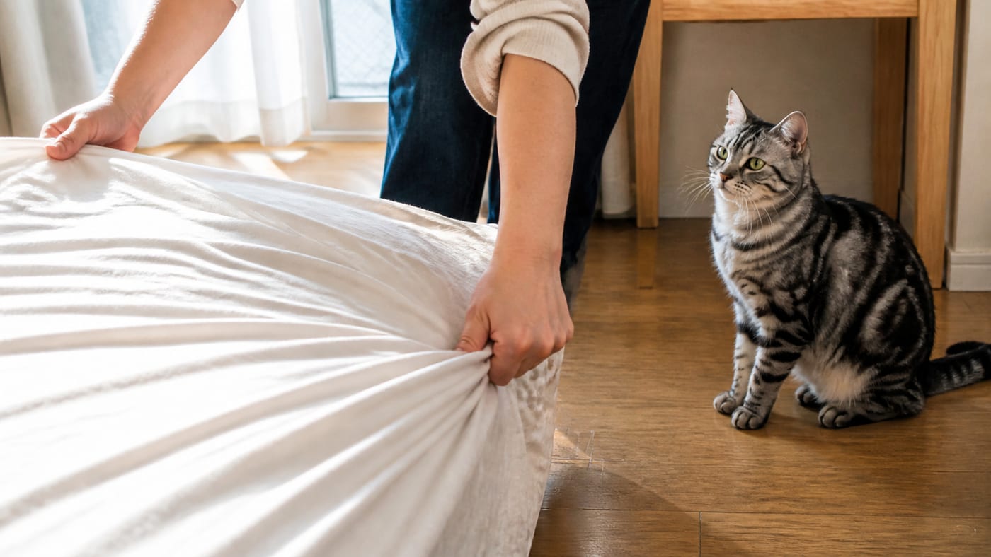 朝、寝具のシーツを取り替えている手元と、少し離れて見ている猫