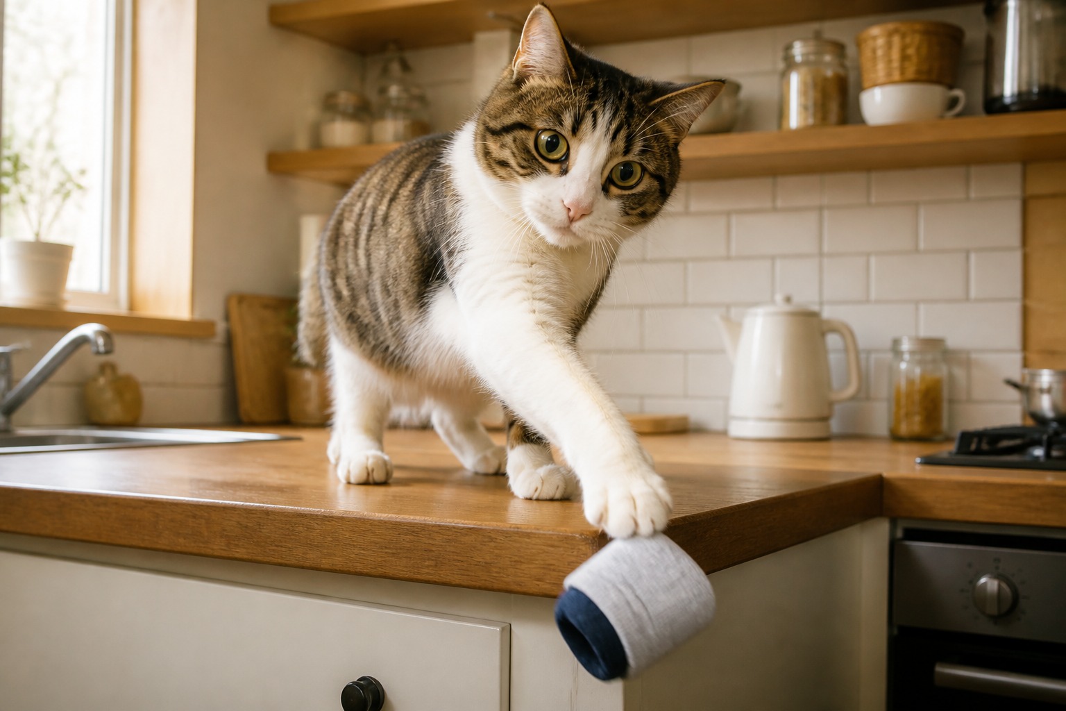 猫が棚やカウンターからモノを落とすのは注意を引きたいサイン
