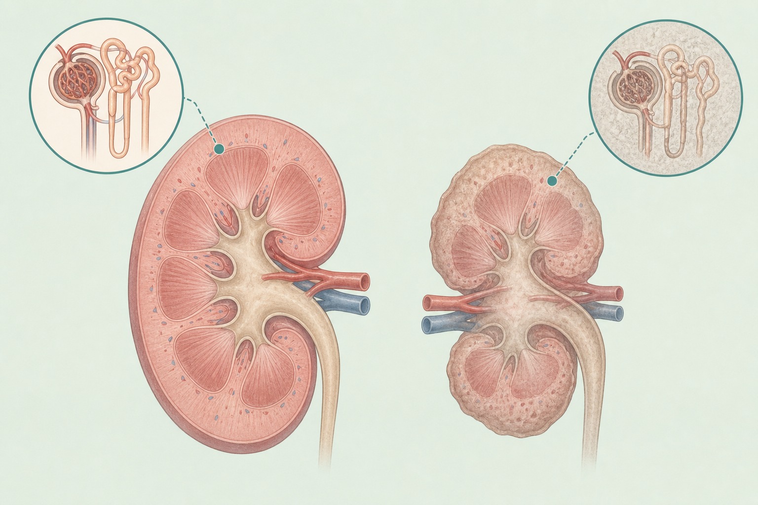 健康な腎臓とCKD（慢性腎臓病）の腎臓の違いを示す断面イラスト
