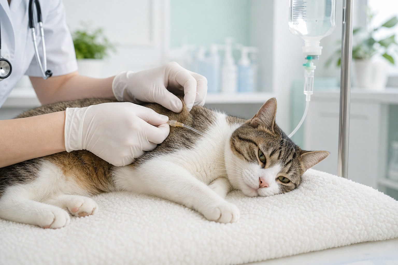 CKD治療の基本となる皮下点滴（輸液療法）を受ける猫