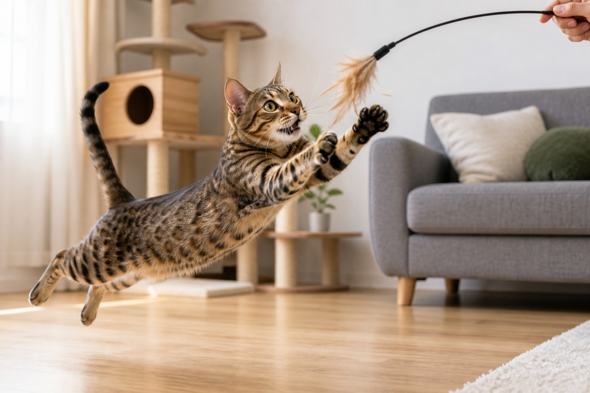 じゃらしで遊ぶ猫の躍動写真