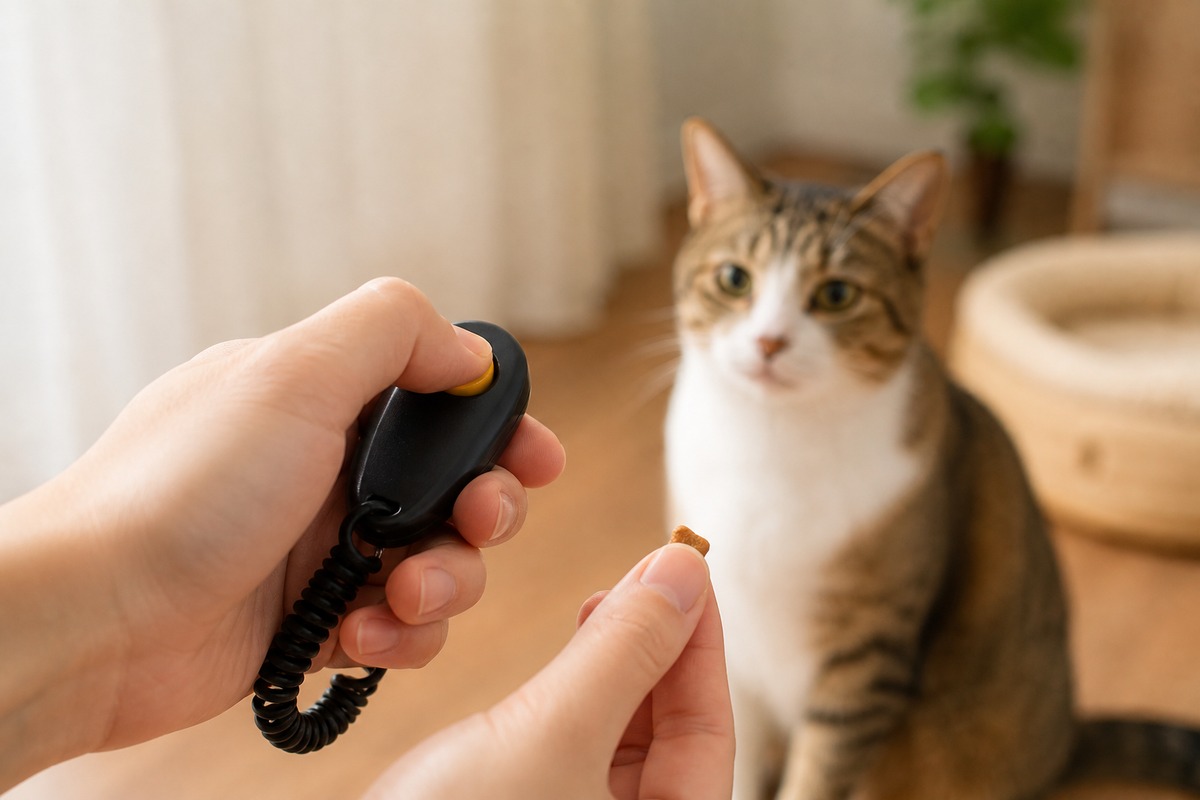 クリッカーとおやつで正の強化