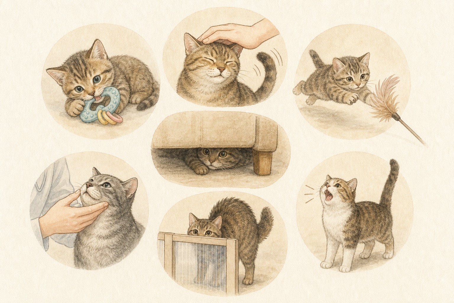 猫が噛む7つの理由のタイプ別イラスト｜歯がゆさ・愛撫誘発・狩猟本能・恐怖など