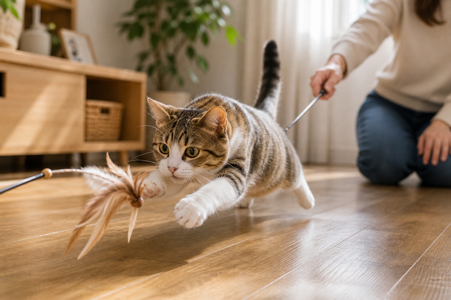 狩猟本能で動くおもちゃに飛びかかる猫｜じゃらし遊びで欲求を満たす
