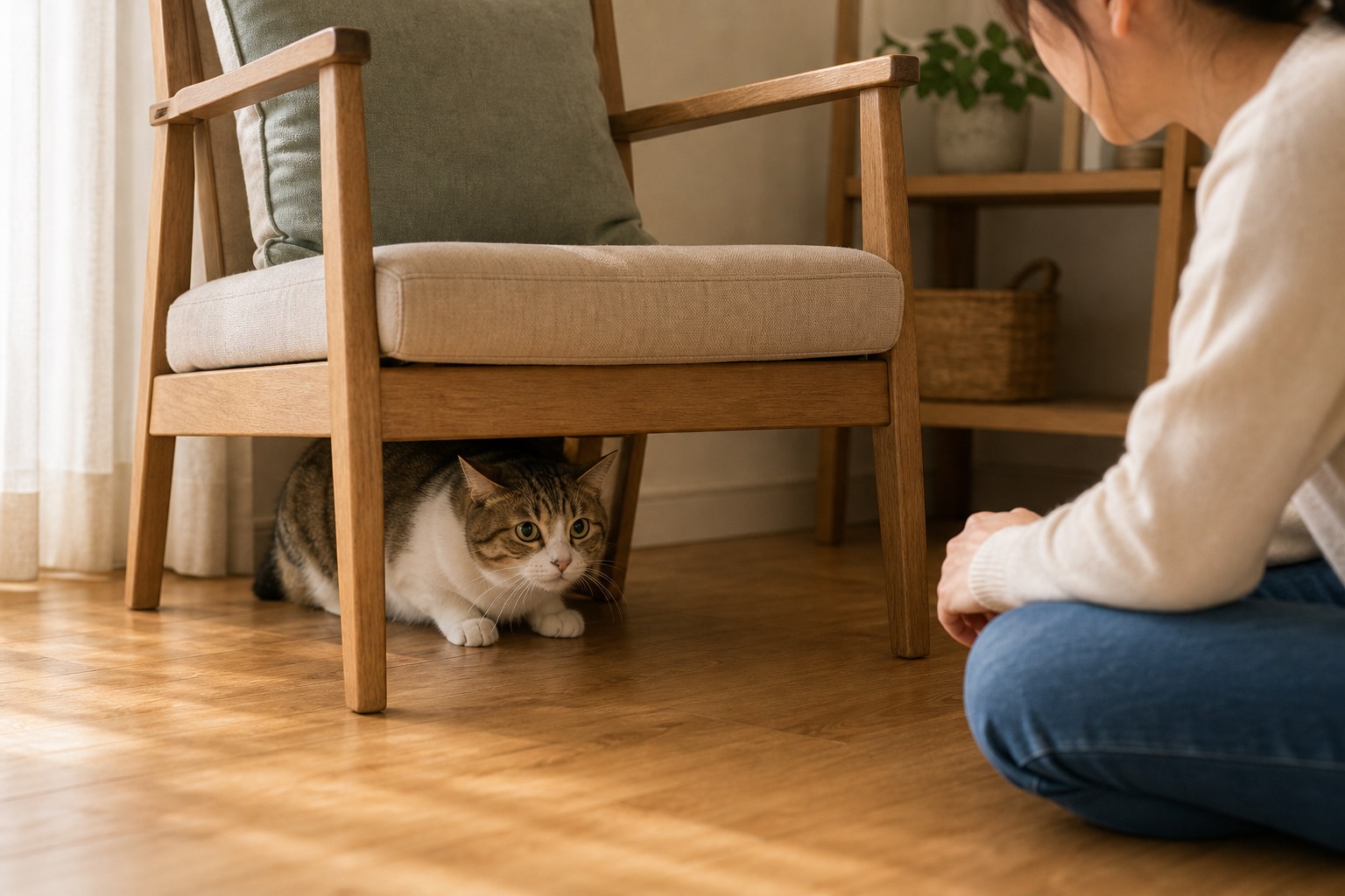 恐怖・防衛で物陰に隠れる猫には逃げ場を与え自分から近づくのを待つ