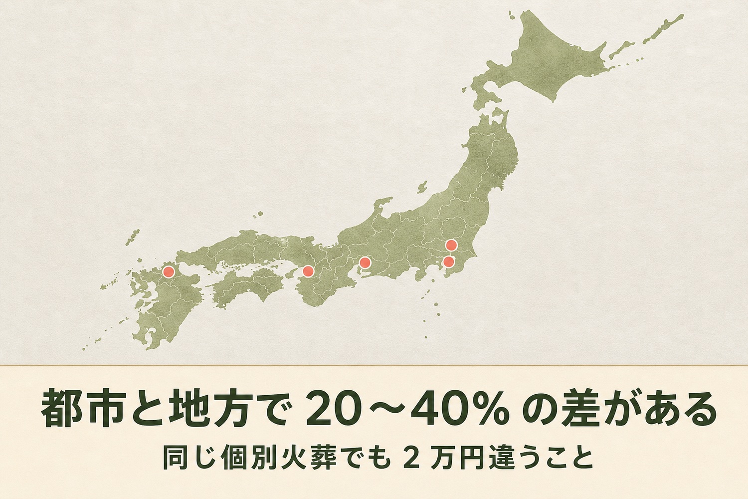 主要都市に印を置いた日本地図のイラスト。都市と地方で20〜40%の差がある、同じ個別火葬でも2万円違うこと