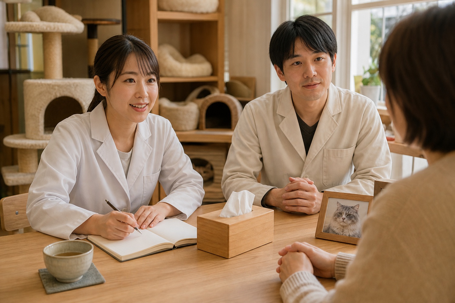 キャッテリーのスタッフが飼い主の相談に穏やかに耳を傾ける様子。お別れの後も話せる場所