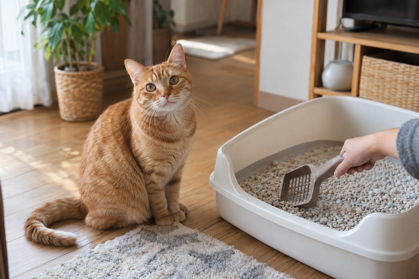 リビングの床に置かれた猫用トイレの横で、スコップを持つ人の手元と、こちらを見上げる茶トラの猫