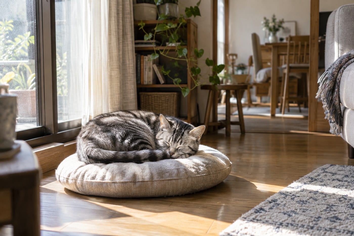 日中の誰もいないリビングで、日の当たる窓辺の座布団に丸くなって眠るサバトラの猫