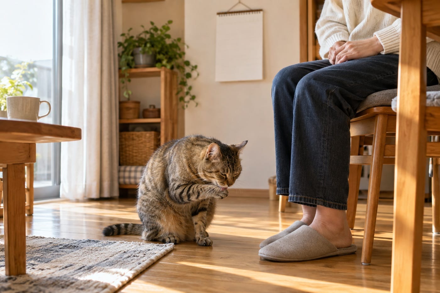 壁にかかったカレンダーの下の椅子に座る人の足元で、毛づくろいをするキジトラの成猫
