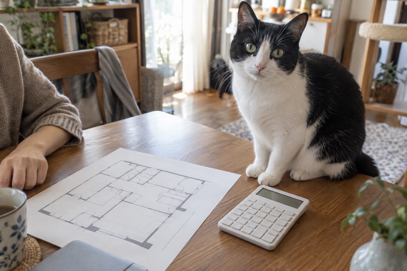 テーブルに広げた間取り図と電卓の横で、座ってこちらを見ている白黒の猫