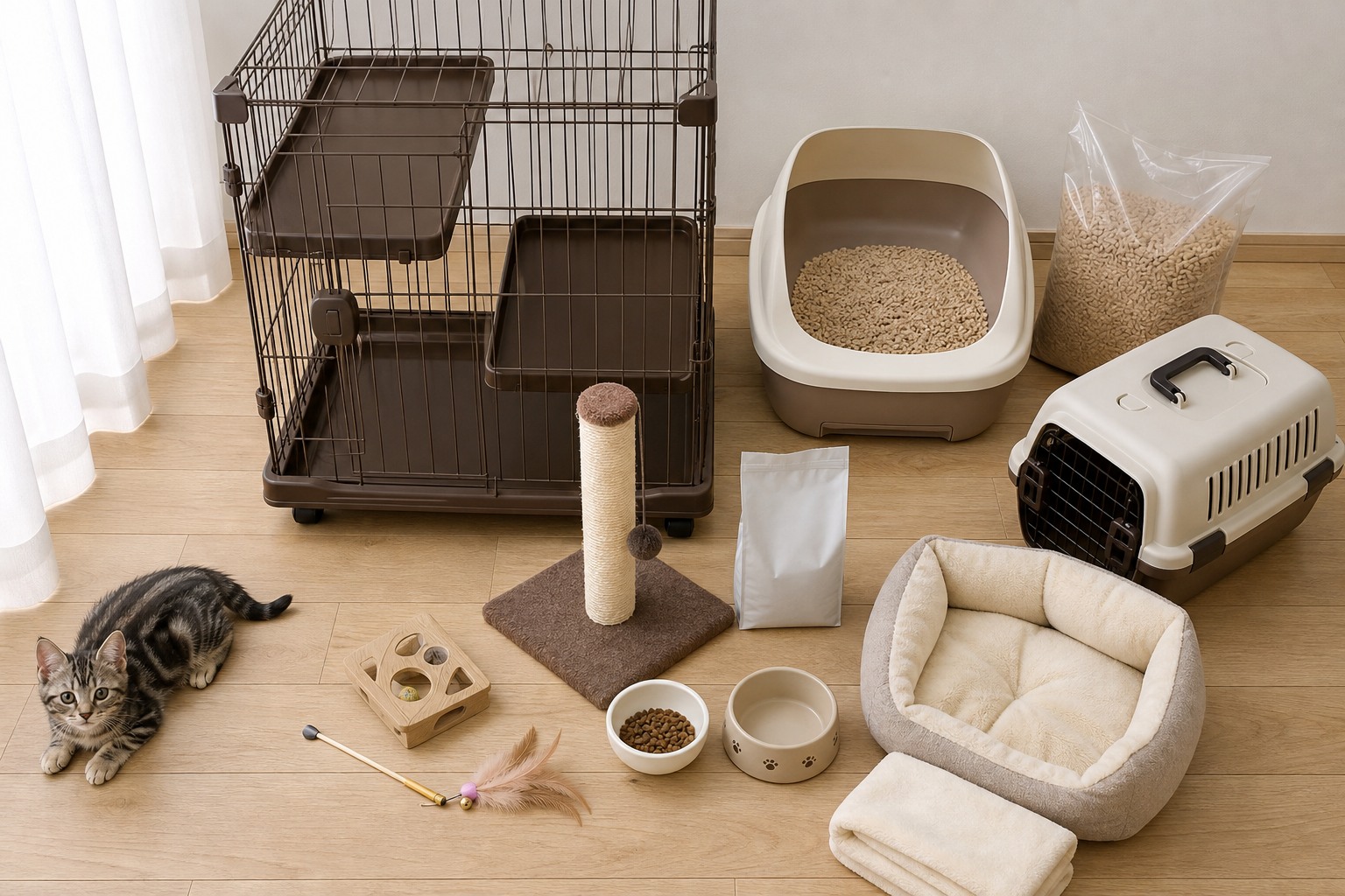 猫のお迎え準備備品をフラットレイで並べた写真