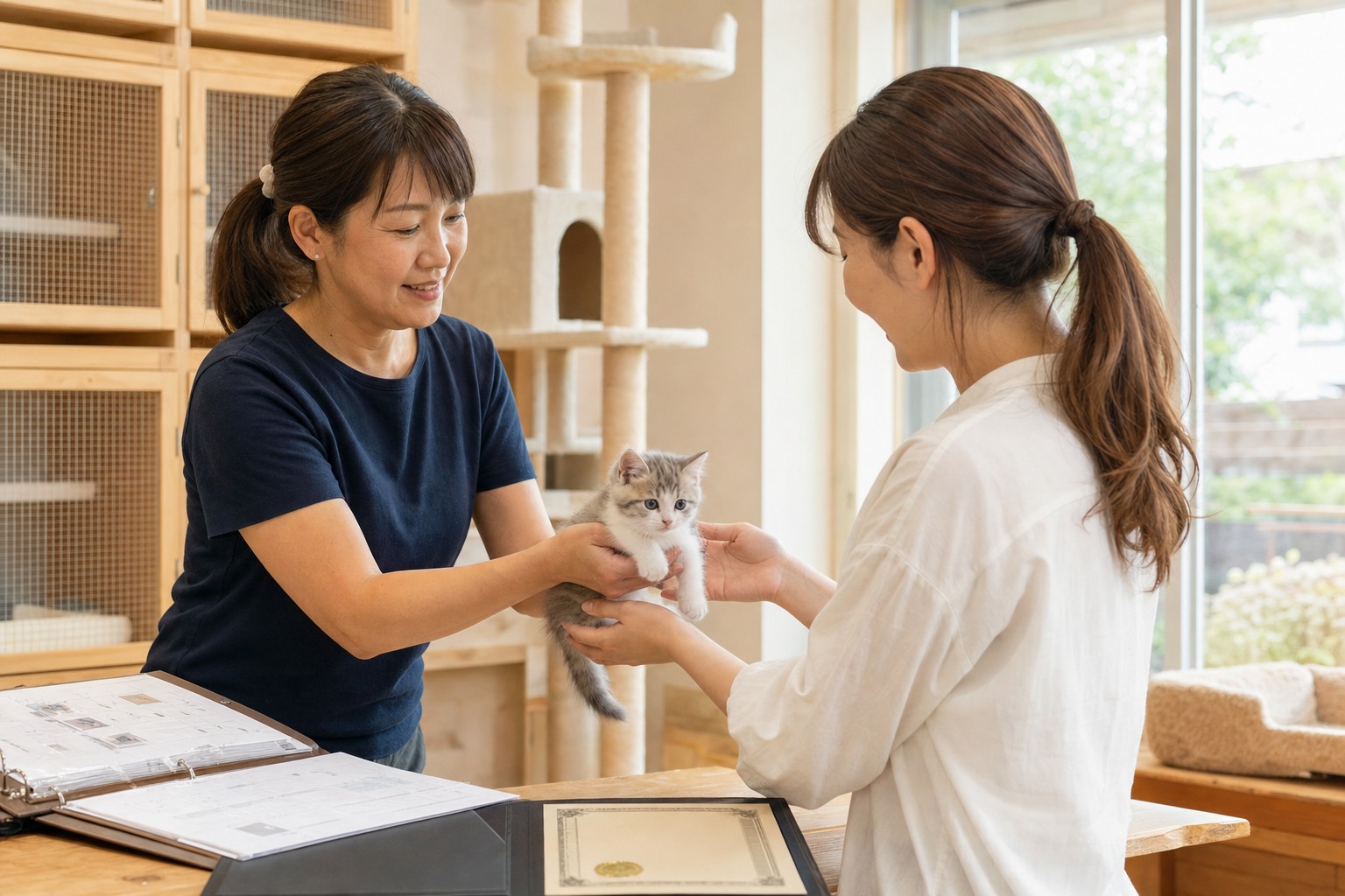 ブリーダーが新オーナーへ子猫を渡すドキュメンタリー写真