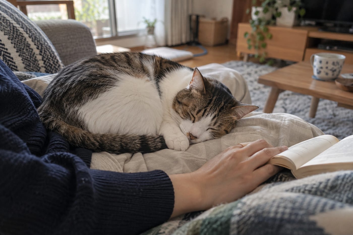 ソファで本を開いたまま、ひざの上で丸くなって眠る白とキジトラの猫
